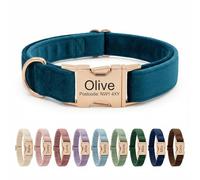 Personalised Velvet Dog Collar UK - Engraved Gold Buckle, Luxury Padded Soft Collar for Small Medium Large Dogs | Custom Name ID Tag, 18 Colours Available | Peacock Blue
