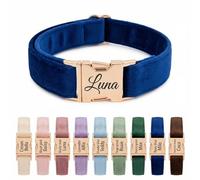 Personalised Velvet Dog Collar UK - Engraved Gold Buckle, Luxury Padded Soft Collar for Small Medium Large Dogs | Custom Name ID Tag, 18 Colours Available | Sapphire Blue