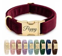 Personalised Velvet Dog Collar UK - Engraved Gold Buckle, Luxury Padded Soft Collar for Small Medium Large Dogs | Custom Name ID Tag, 18 Colours Available | Burgundy
