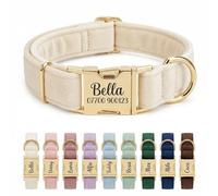 Personalised Velvet Dog Collar UK - Engraved Gold Buckle, Luxury Padded Soft Collar for Small Medium Large Dogs | Custom Name ID Tag, 18 Colours Available | Cream White