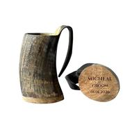 Personalised Viking Horn Mug 6" Inches - Natural Finish, Unique Handmade Horn Tankard with Custom Engraved Wooden Base, Viking Gift for Him, Birthday, Anniversary & Medieval Fans
