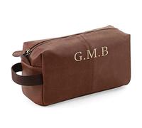 Personalised Wash Bag. Full Grain Leather Look PU. Toiletry Bag with Embroidered Initials or Name Free P&P Fathers Day Gift Idea. Tan Colour