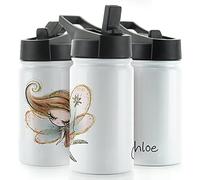 Personalised Water Bottle, 350ml White Sports Flask with Straw Cap Flip Lid, Stainless Steel, Customised with Initial/Name, Auburn Hair Fairy Design Print, Fairy Drink Bottle
