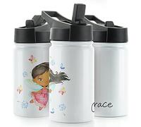 Personalised Water Bottle, 350ml White Sports Flask with Straw Cap Flip Lid, Stainless Steel, Customised with Initial/Name, Dandelion Fairy Design Print, Fairy Drink Bottle