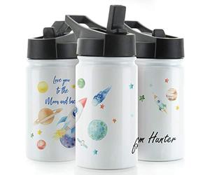 Personalised Water Bottle, 350ml White Sports Flask with Straw Cap Flip Lid, Stainless Steel, Customised with Name, 'Love You to The Moon and Back' Space Rocket Ship Design Print, Dad Drink Bottle