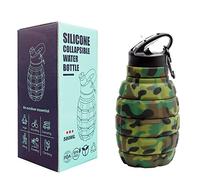 Personalised Water Bottle Grenade 580ml Collapsible Sports Drinks Jug BPA Free Leakproof Silicone Bottle for Gym Bicycle Hiking Outdoor with Hook (Camo Green)