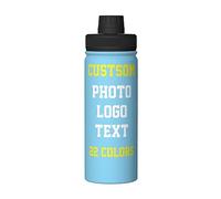 Personalised Water Bottles with Name/Photo for Kids Adults, Custom Stainless Steel Insulated Drink Bottle with Picture Text for Women Mens, Large Capacity Sports Bottle for Hiking Travel, Sky Blue