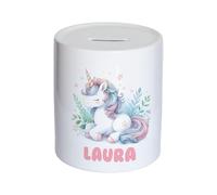 Personalised Watercolour Cute Unicorn Sitting Down Kids Money Box, Piggy Bank, Savings Jar for Kids Coins. Bank Cash Box. Ceramic. For Boys & Girls