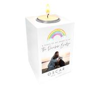 Personalised Watercolour Rainbow Pet Memorial Photo White Tea Light Holder - Custom Photo & Message | Sympathy Gift for Pet Loss | W7cm x D7cm x H10cm