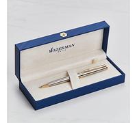 Personalised Waterman Hemisphere Ballpoint Pen - Engraved Name or Initials, Stainless Steel with 23k Gold Trim, Blue Ink, Gift Boxed