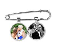 Personalised Wedding Bouquet Photo Bridal Charm with Lapel Pin Bride Groom Boutonniere Custom Memory Memorial of Dad Mum Keepsake, Silver,Black