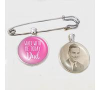 Personalised Wedding Bouquet Photo Bridal Charm with Lapel Pin Bride Remembering the Father of Bride Boutonniere Custom Memory Memorial Keepsake with Quote - Dad Walk With Me (Pink)