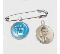 Personalised Wedding Bouquet Photo Bridal Charm with Lapel Pin Bride Remembering the Father of Bride Boutonniere Custom Memory Memorial Keepsake with Quote - Dad Walk With Me (Blue)