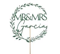 Personalised Wedding Cake Topper by KreateSquare - Glitter Custom Colour Customised With Any Name & Date - Mr and Mrs Rustic Design - Cake Decoration For Wedding (Green)
