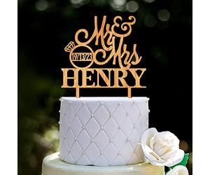 Personalised Wedding Cake Toppers Wooden Wedding Anniversary Cake Topper MR & MRS Cake Decorations for Weddings Party Cake Toppers with Any Name