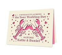 Personalised Wedding Card Custom Wedding Anniversary Card Laser Cut Wedding Greeting Card Lobster Congratulations Wedding Cards for Bride and Groom New Couples 6 Colours (Fuchsia)