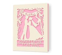 Personalised Wedding Card Laser Cut Wedding Greeting Card Wedding Cards for Bride and Groom Congratulations Wedding Day Custom Mr and Mrs Gifts Handmade(Pink)