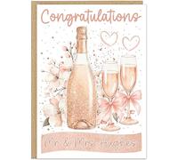 Personalised Wedding Congratulations Cards | Custom Mr & Mrs Name Banner | 5 Design Colours Beige Grey Peach Pink Rose Gold | Champagne Bottle & Floral Card A5 A4, Peach