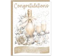 Personalised Wedding Congratulations Cards | Custom Mr & Mrs Name Banner | 5 Design Colours Beige Grey Peach Pink Rose Gold | Champagne Bottle & Floral Card A5 A4, Beige & Grey