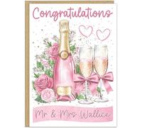 Personalised Wedding Congratulations Cards | Custom Mr & Mrs Name Banner | 5 Design Colours Beige Grey Peach Pink Rose Gold | Champagne Bottle & Floral Card A5 A4, Pink
