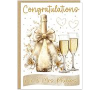 Personalised Wedding Congratulations Cards | Custom Mr & Mrs Name Banner | 5 Design Colours Beige Grey Peach Pink Rose Gold | Champagne Bottle & Floral Card A5 A4, Gold