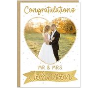 Personalised Wedding Congratulations Cards with Photo and Name | Custom Mr & Mrs Card | 11 Colour Theme Options | Heart Photo Wedding Couples Anniversary Card, Gold