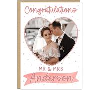 Personalised Wedding Congratulations Cards with Photo and Name | Custom Mr & Mrs Card | 11 Colour Theme Options | Heart Photo Wedding Couples Anniversary Card, Rose Gold