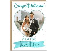 Personalised Wedding Congratulations Cards with Photo and Name | Custom Mr & Mrs Card | 11 Colour Theme Options | Heart Photo Wedding Couples Anniversary Card, Aqua