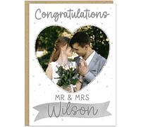 Personalised Wedding Congratulations Cards with Photo and Name | Custom Mr & Mrs Card | 11 Colour Theme Options | Heart Photo Wedding Couples Anniversary Card, Silver