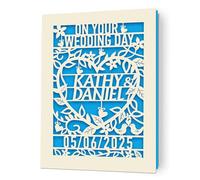 Personalised Wedding Day Card Gifts, Custom Wedding Cards for Bride and Groom, Laser Cut Greeting Card Any Name & Date, Congratulations Card Gifts for Newlyweds, New Couples (Blue)