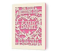 Personalised Wedding Day Card Gifts, Custom Wedding Cards for Bride and Groom, Laser Cut Greeting Card Any Name & Date, Congratulations Card Gifts for Newlyweds, New Couples (Red)