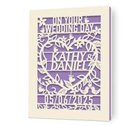 Personalised Wedding Day Card Gifts, Custom Wedding Cards for Bride and Groom, Laser Cut Greeting Card Any Name & Date, Congratulations Card Gifts for Newlyweds, New Couples (Lilac Purple)