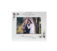 Personalised Wedding Day Photo Frame Gift 6x4 - Custom Engraved Wooden Picture Frame with Flowers - Unique Gift for Couple, Bride & Groom - Floral Wedding Keepsake, Anniversary Present (Design 1)