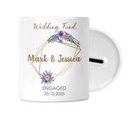 Personalised Wedding Fund Money Box - Piggy Bank - Custom Engagement Gift for Couples, New Fiancé Gift, Wedding Savings Jar, Money Pot, Floral Wreath - D2