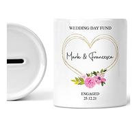 Personalised Wedding Fund Money Box - Rose Heart | White ceramic; couple's names and engagement date; matching print on both sides