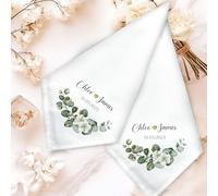 Personalised Wedding Greenery Napkins - Custom Name & Date Cloth - Eucalyptus Botanical Table Decor for Reception, Bridal Shower, Rehearsal Dinner - White Fabric Linen Keepsake