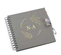 Personalised Wedding Guest Book, Spiral Bound, Reception Guestbook with Cicular Names and Leaves (Grey)