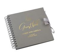 Personalised Wedding Guest Book with Delicate Leaf Foil Design, 20.3 x 20.3 cm, Spiral Binding, Multiple Colours (Grey)