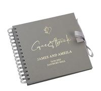 Personalised Wedding Guestbook with Delicate Heart Foil Design, 20.3 x 20.3 cm, Spiral Binding, Multiple Colours (Grey)