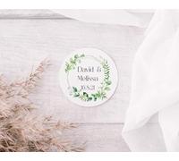 Personalised Wedding Label Stickers Table Favour Tags Names & Customised Date for Him and Her - Thank You Marriage Couple Envelope Seal Invitation (Floral Wreath Names & Date)