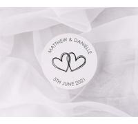 Personalised Wedding Label Stickers Table Favour Tags Names & Customised Date for Him and Her - Thank You Marriage Couple Envelope Seal Invitation (Hearts Names & Date)