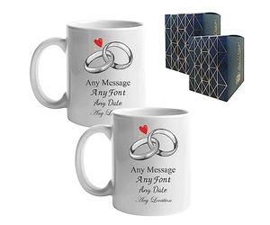 Personalised Wedding Mug Set with Any Message, Any Date, Any Font with Wedding Rings Design, Gift for Couples, Custom Anniversary Present, Gift Boxed, 11oz/312ml Mugs