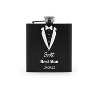 Personalised Wedding Tuxedo Engraved Black Hip Flask 6oz | Custom Best Man, Groom & Groomsmen Gift | Formal Suit Design Stainless Steel Spirit Flask