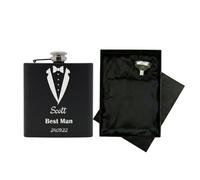 Personalised Wedding Tuxedo Engraved Black Hip Flask with Funnel & Luxury Silk Lined Gift Box | Custom Best Man, Groom & Groomsmen Gift | Formal Suit Design Stainless Steel 6oz Spirit Flask