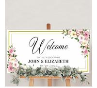 Personalised Wedding Welcome to Board MDF Wood- 6 Floral Colours Custom Mr & Mrs, Mr & Mr, Mrs & Mrs, Surname or Couples Names & Date (Pale Pink)