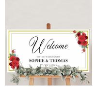 Personalised Wedding Welcome to Board MDF Wood- 6 Floral Colours Custom Mr & Mrs, Mr & Mr, Mrs & Mrs, Surname or Couples Names & Date (Red & White)