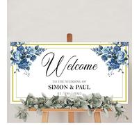 Personalised Wedding Welcome to Board MDF Wood- 6 Floral Colours Custom Mr & Mrs, Mr & Mr, Mrs & Mrs, Surname or Couples Names & Date (Navy)