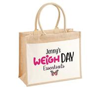 Personalised Weigh Day Essentials Jute Bag with Butterfly, Custom Eco Friendly Tote Bag with Front Pocket, Slimming & Wellness Group Planner Organiser for Membership Pack Accessories, Ladies, 3 Sizes