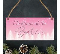 Personalised 'Welcome To Christmas At The Surname' Hanging Plaque - 10 Charming Designs to Elevate Your Holiday Decor (Mdf Wood Indoor Use Only, Pink)