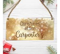 Personalised 'Welcome To Christmas At The Surname' Hanging Plaque - 10 Charming Designs to Elevate Your Holiday Decor (Acrylic Indoor & Outdoor Use, Gold Sparkle Effect)
